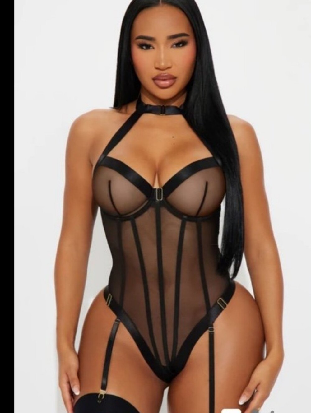 SHEIN Black Sheer Strappy Lingerie Bodysuit with Garter Straps